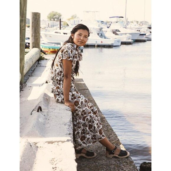 Faherty Ruffle Trim Tassel Tie V Neck Bonita Avignon Meadow Midi Dress small - Picture 6 of 6